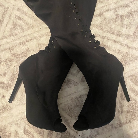 Black Lace Up High Heel Boots - Picture 2 of 3